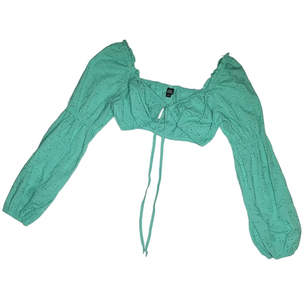 NEW Wild Fable Medium Crop Top Long Sleeve Cotton Teal Green Eyelets